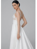 V Neck Ivory Lace Satin Empire Waist Wedding Dress